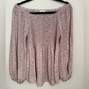 Oddi Women’s Smocked Off Shoulder Blouse Large Mauve Pink White Boho Peasant Top